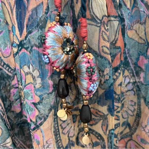 Soft Surroundings Boho Empire Waist Tassel Blouse Green Beaded Pink Flowey Med - Picture 6 of 9